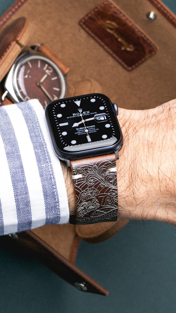 Dragon - Tek Kat Deri Apple Watch Kordon - Antik Kahve - Leather Strap