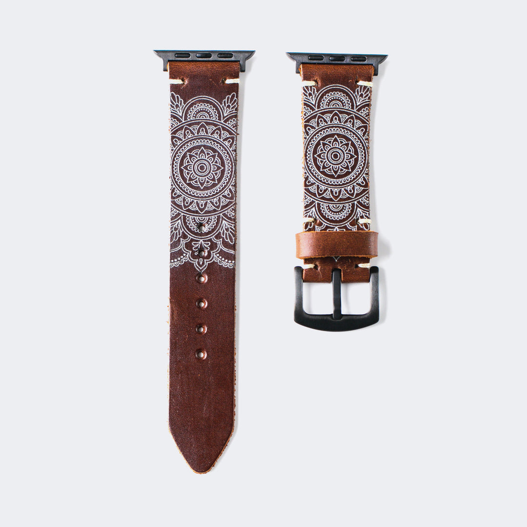 Mandala - Tek Kat Deri Apple Watch Kordon - Antik Kahve - Leather Strap