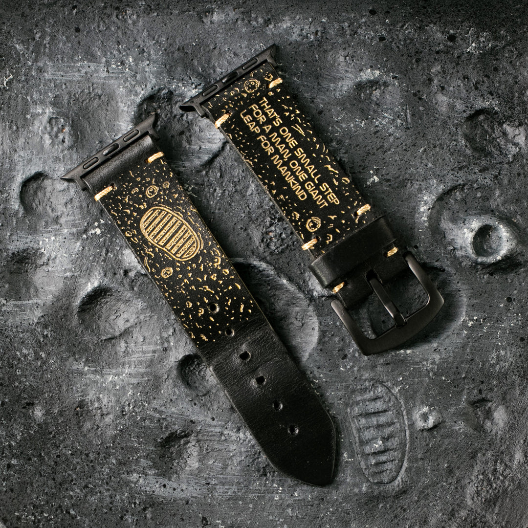 Gold Moon - Tek Kat Deri Apple Watch Kordon - Siyah - Leather Strap