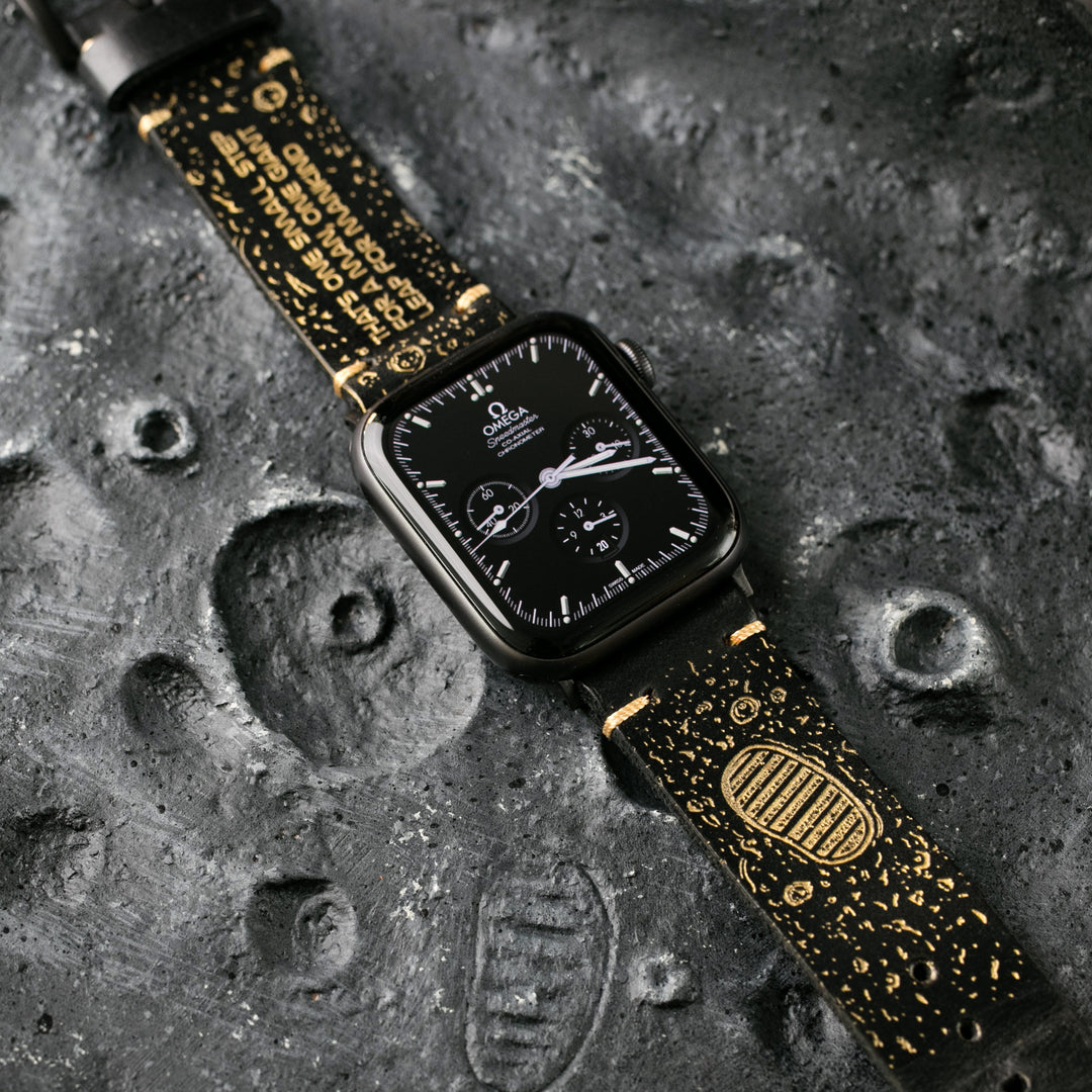 Gold Moon - Tek Kat Deri Apple Watch Kordon - Siyah - Leather Strap