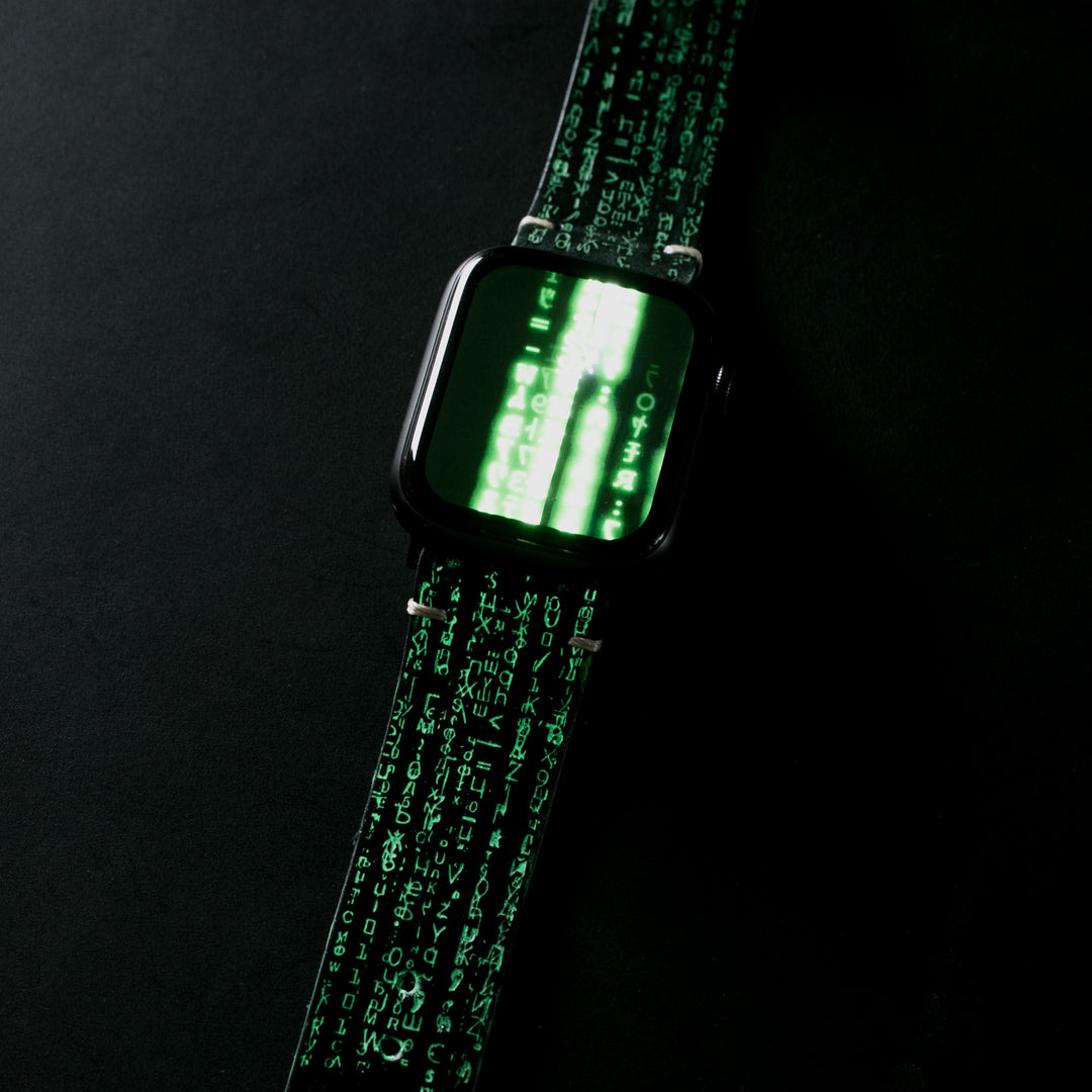 Matrix Fosforlu - Tek Kat Deri Apple Watch Kordon - Siyah - Leather Strap