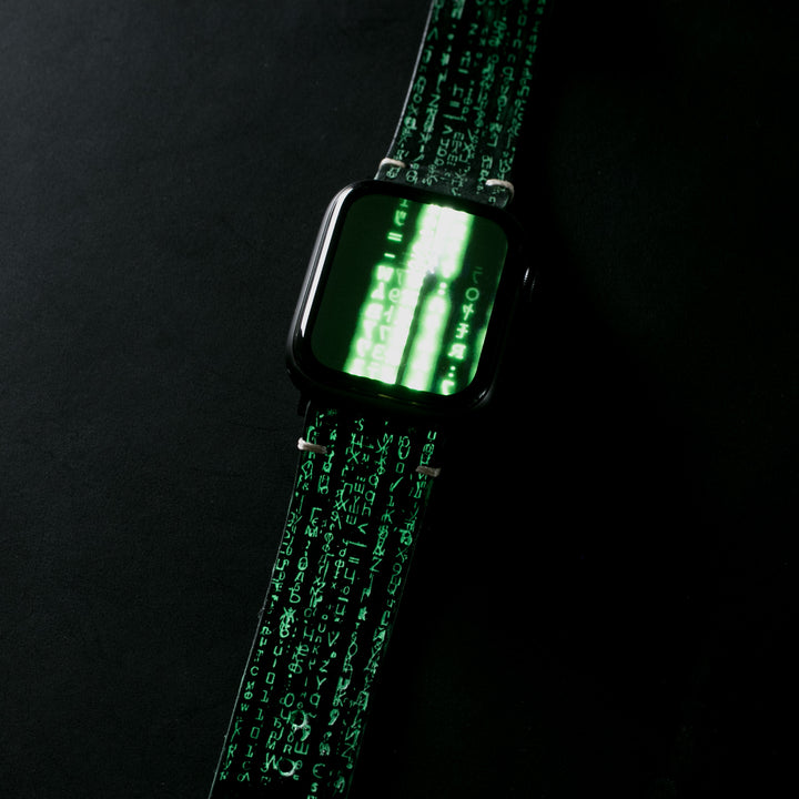 Matrix Fosforlu - Tek Kat Deri Apple Watch Kordon - Siyah - Leather Strap