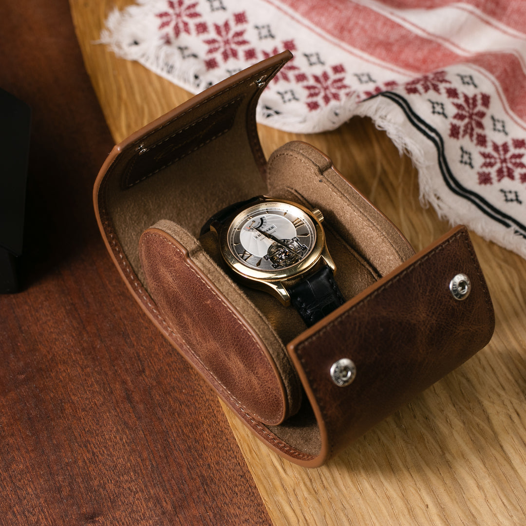 Tekli Deri Saat Kutusu - Tobacco - Watch Roll - Aksesuar