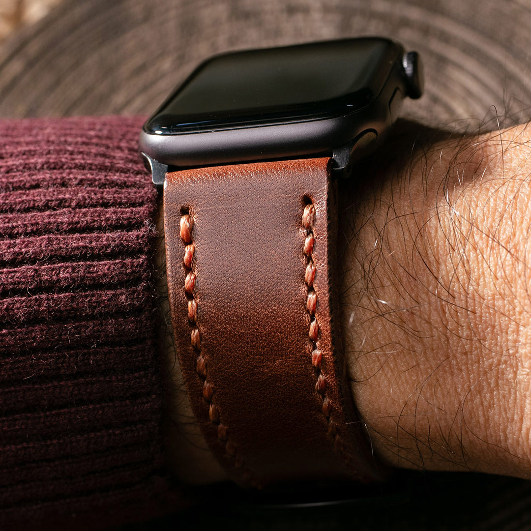 Çift Kat Deri Apple Watch Kayışı - Antik Kahve