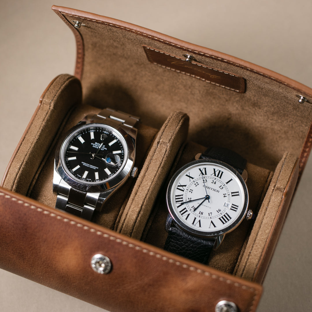İkili Deri Saat Kutusu - Tobacco - Watch Roll - Aksesuar
