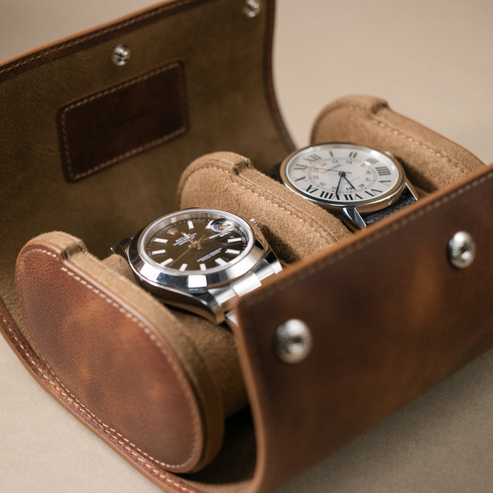 İkili Deri Saat Kutusu - Tobacco - Watch Roll - Aksesuar