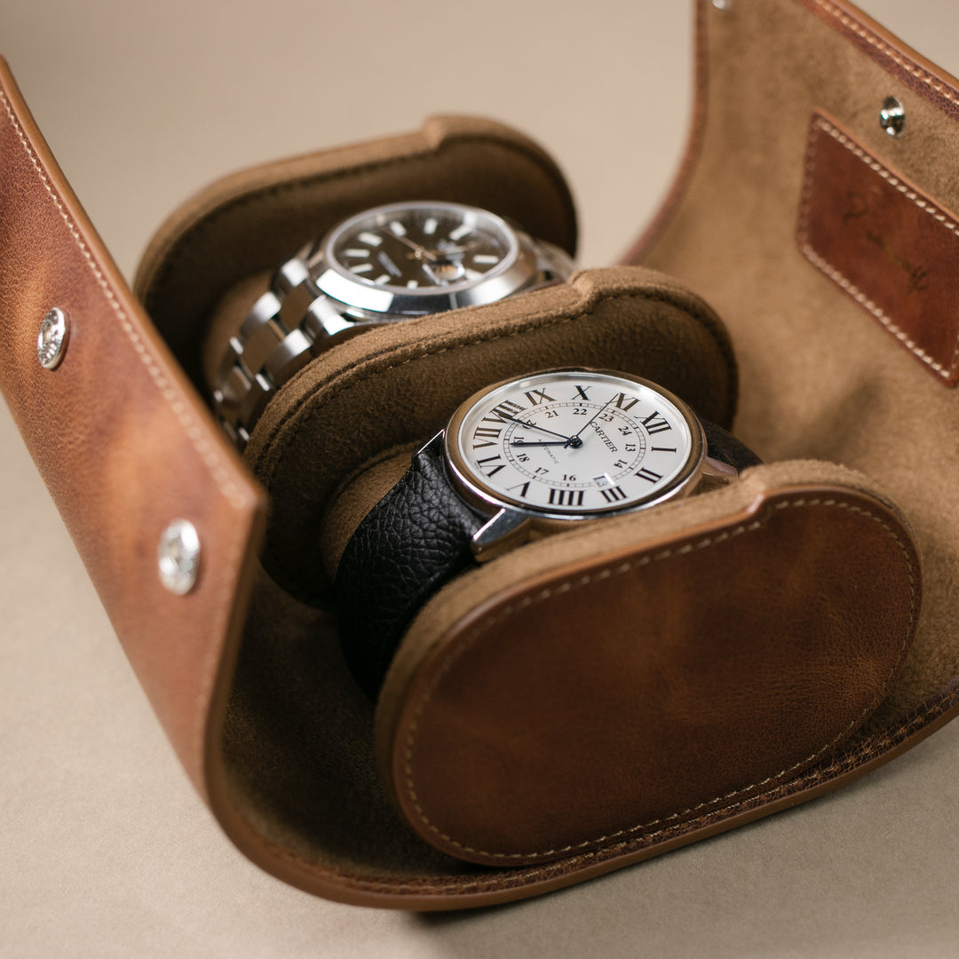 İkili Deri Saat Kutusu - Tobacco - Watch Roll - Aksesuar