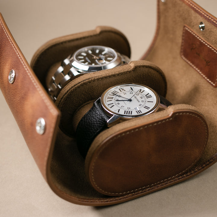 İkili Deri Saat Kutusu - Tobacco - Watch Roll - Aksesuar
