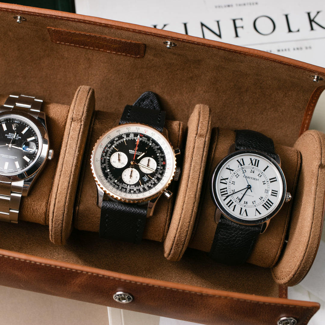 Üçlü Deri Saat Kutusu - Tobacco - Watch Roll - Aksesuar