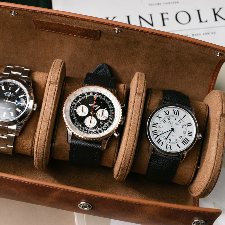 Üçlü Deri Saat Kutusu - Tobacco - Watch Roll - Aksesuar