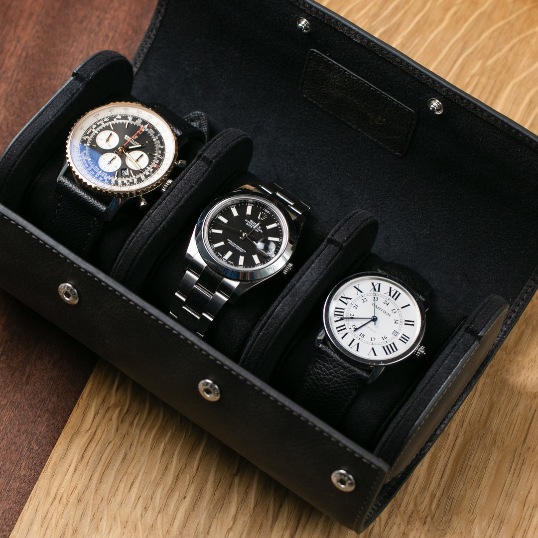 Üçlü Deri Saat Kutusu - Antrasit - Watch Roll - Aksesuar