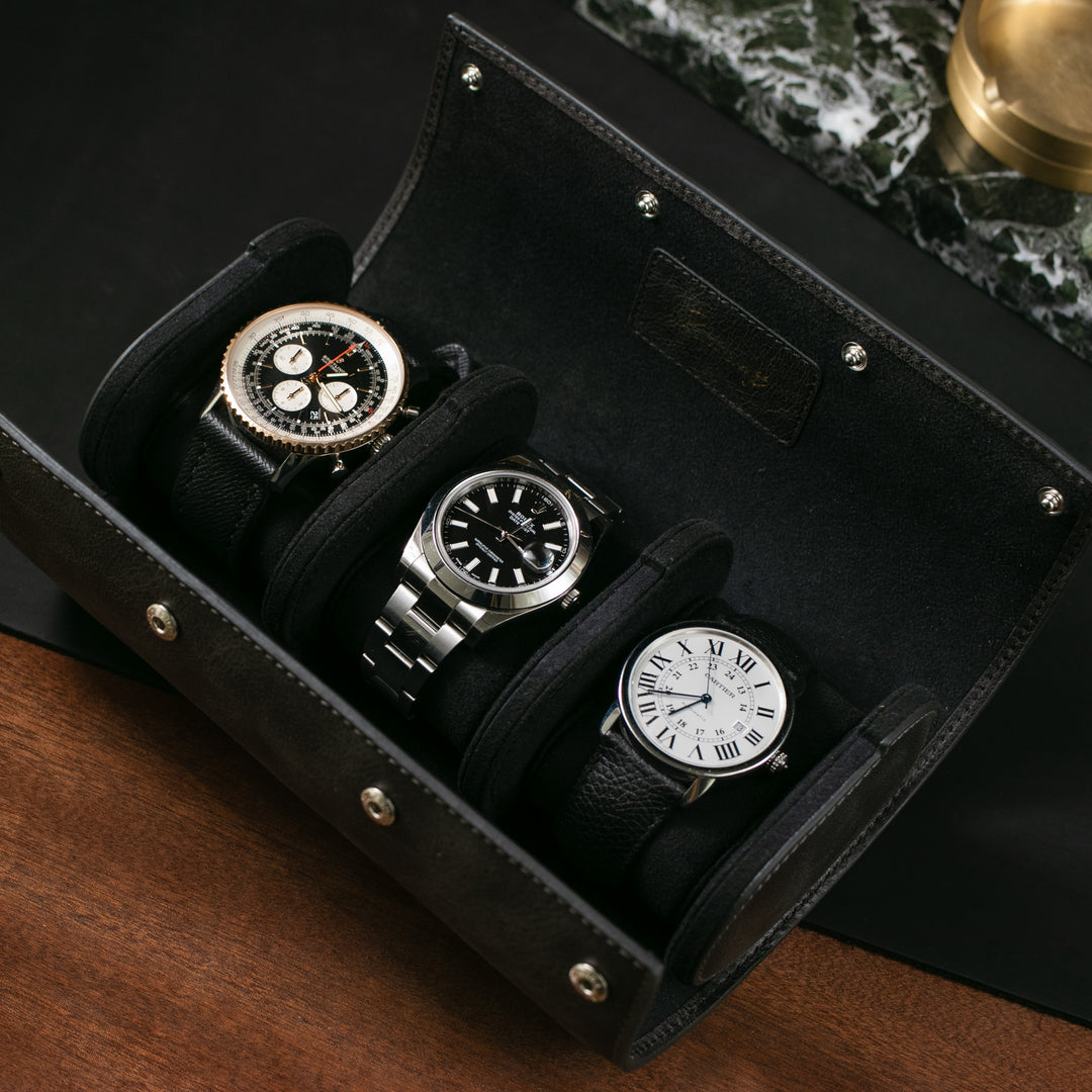 Üçlü Deri Saat Kutusu - Antrasit - Watch Roll - Aksesuar