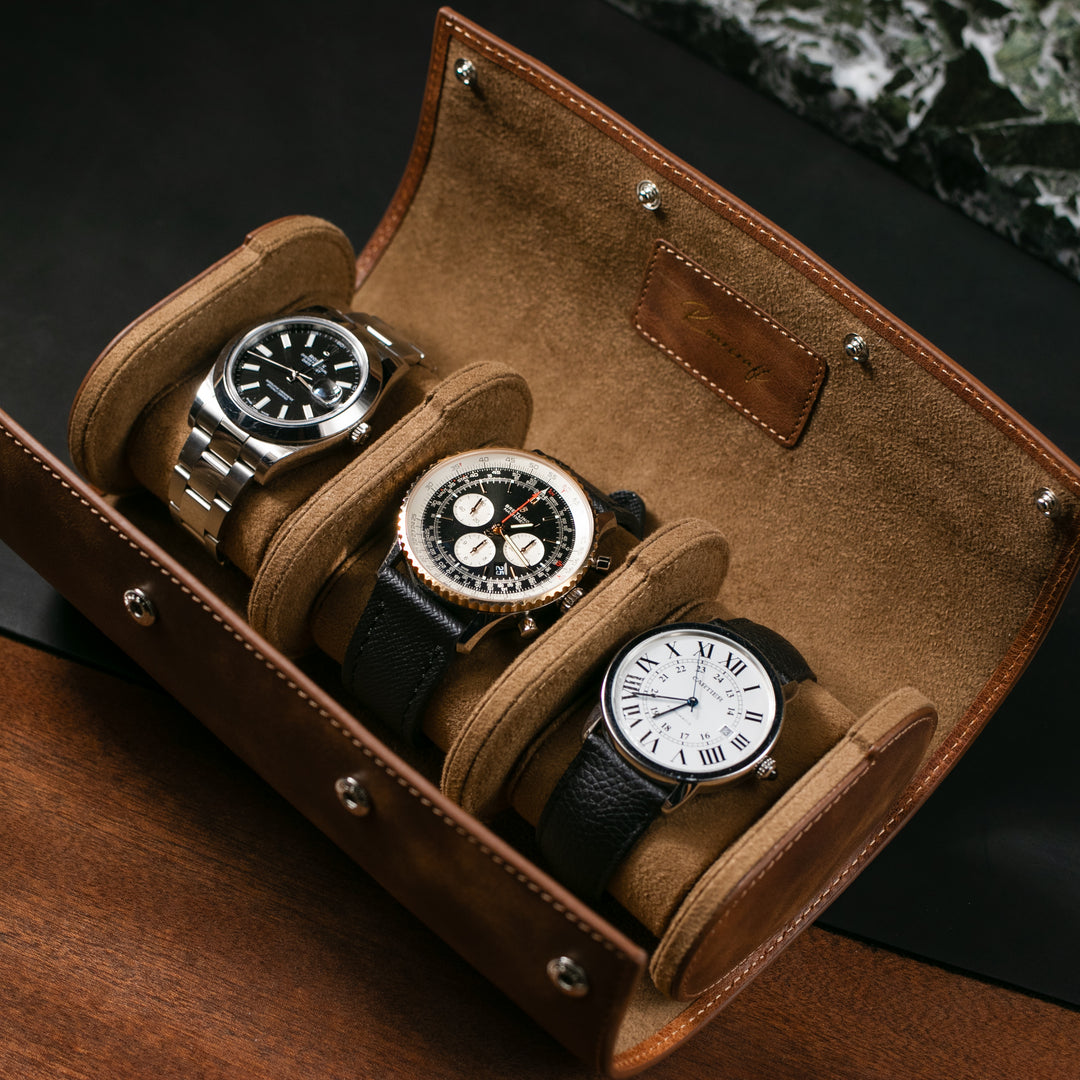Üçlü Deri Saat Kutusu - Tobacco - Watch Roll - Aksesuar