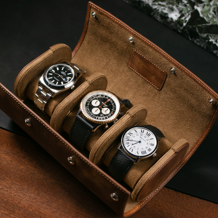 Üçlü Deri Saat Kutusu - Tobacco - Watch Roll - Aksesuar