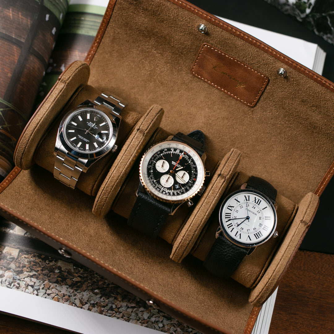 Üçlü Deri Saat Kutusu - Tobacco - Watch Roll - Aksesuar