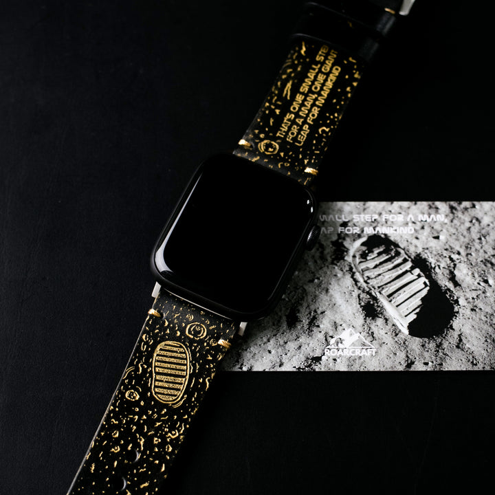 Gold Moon - Tek Kat Deri Apple Watch Kordon - Siyah - Leather Strap