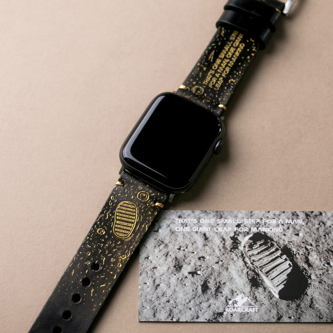 Gold Moon - Tek Kat Deri Apple Watch Kordon - Siyah - Leather Strap