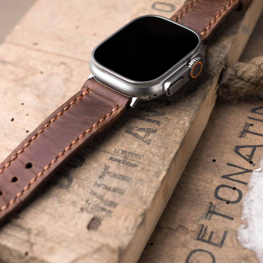 Çift Kat Deri Apple Watch Kayışı - Antik Kahve - Roarcraft TR