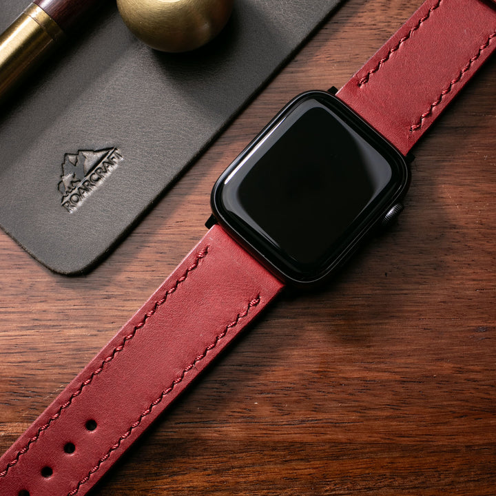 Fırçalı Çift Kat Deri Apple Watch Kayışı - Coral Red