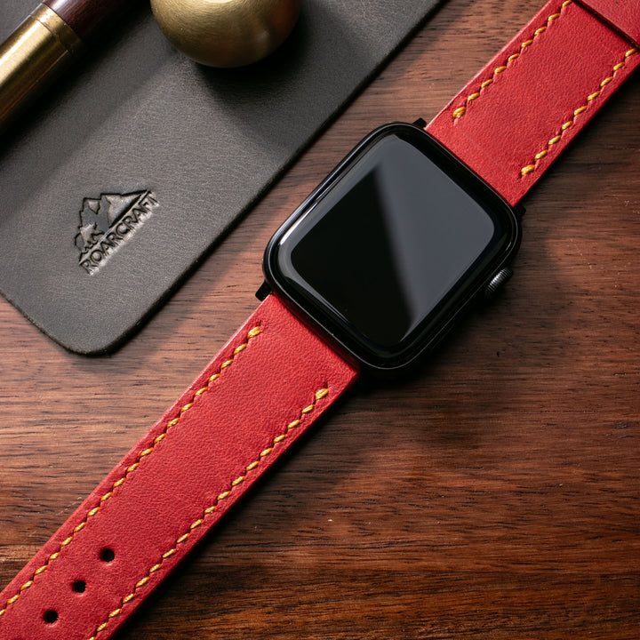 Fırçalı Çift Kat Deri Apple Watch Kayışı - Flame Red