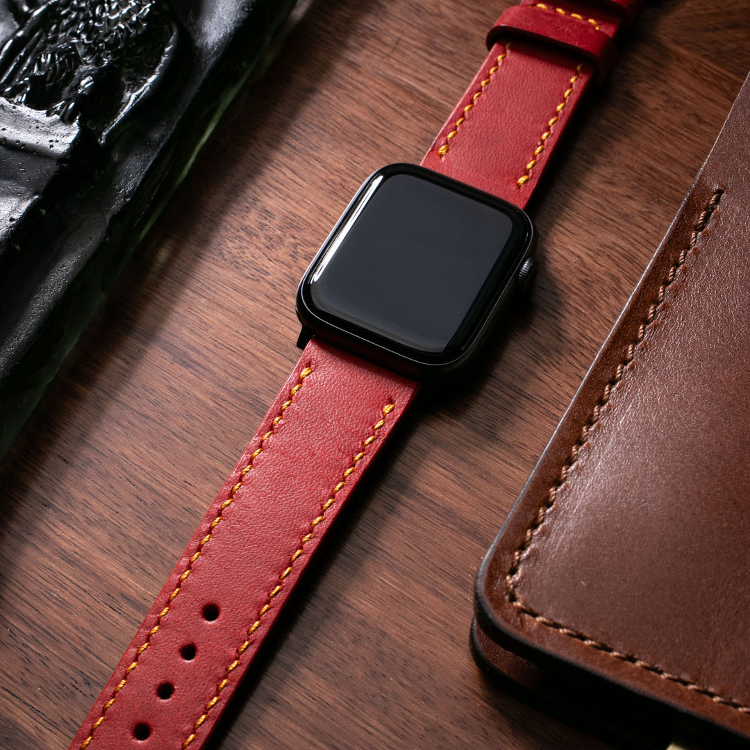 Fırçalı Çift Kat Deri Apple Watch Kayışı - Flame Red