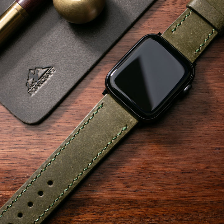 Fırçalı Çift Kat Deri Apple Watch Kayışı - Zeytin Yeşili