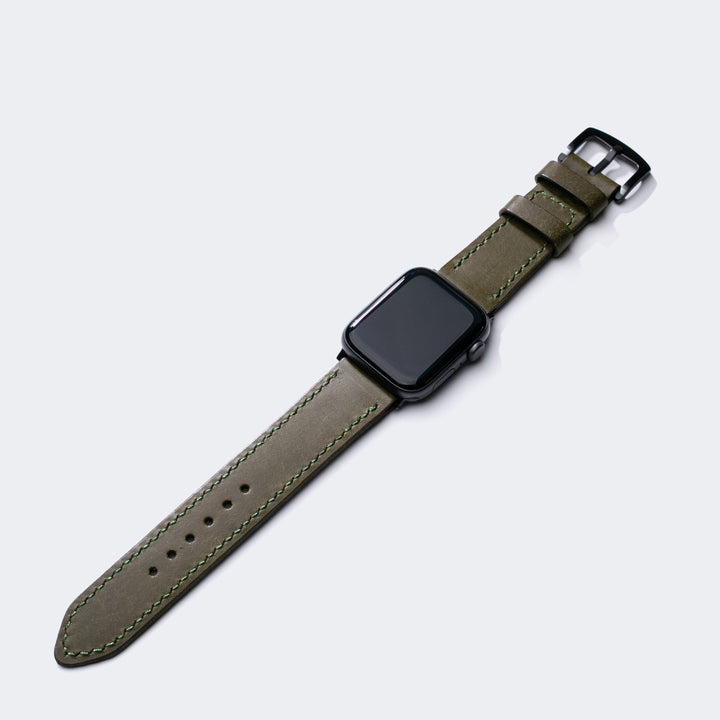 Fırçalı Çift Kat Deri Apple Watch Kayışı - Zeytin Yeşili