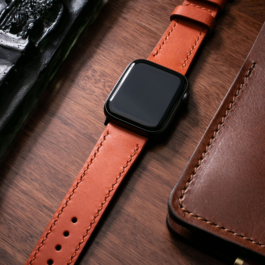 Fırçalı Çift Kat Deri Apple Watch Kayışı - Orange