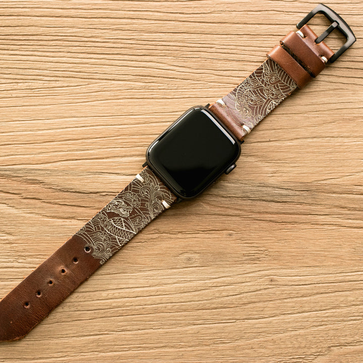 Dragon - Tek Kat Deri Apple Watch Kordon - Antik Kahve - Leather Strap
