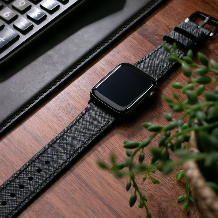 Saffiano Piyano Siyah Deri Apple Watch Kayış