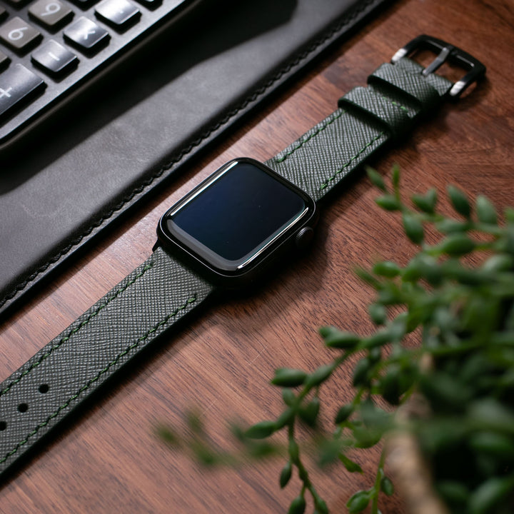 Saffiano Koyu Yeşil Deri Apple Watch Kayış