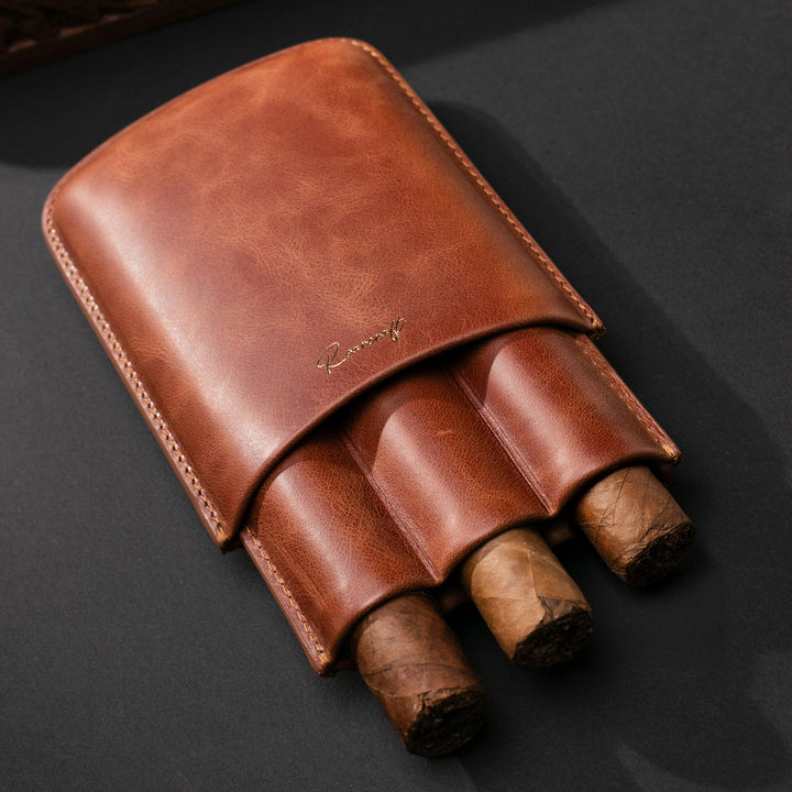 Üçlü Deri Puro Kılıfı - Tobacco