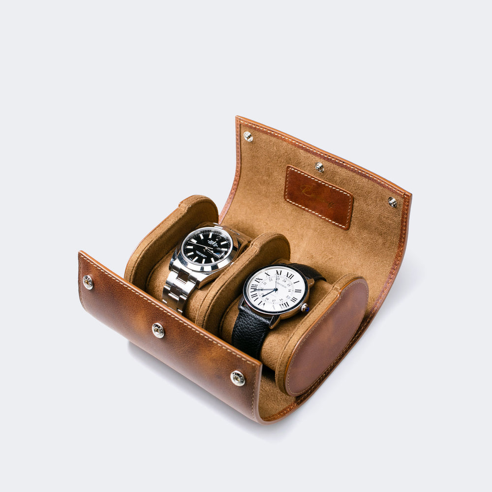 İkili Deri Saat Kutusu - Tobacco - Watch Roll - Aksesuar