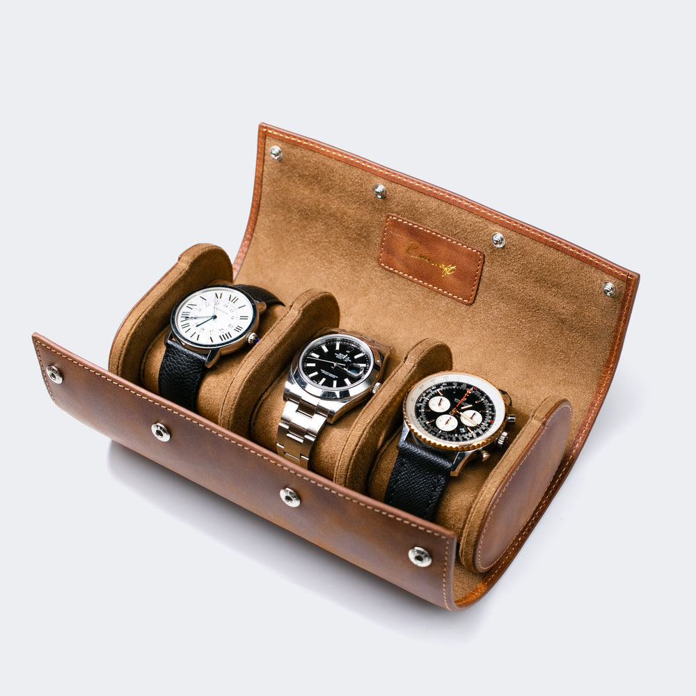 Üçlü Deri Saat Kutusu - Tobacco - Watch Roll - Aksesuar