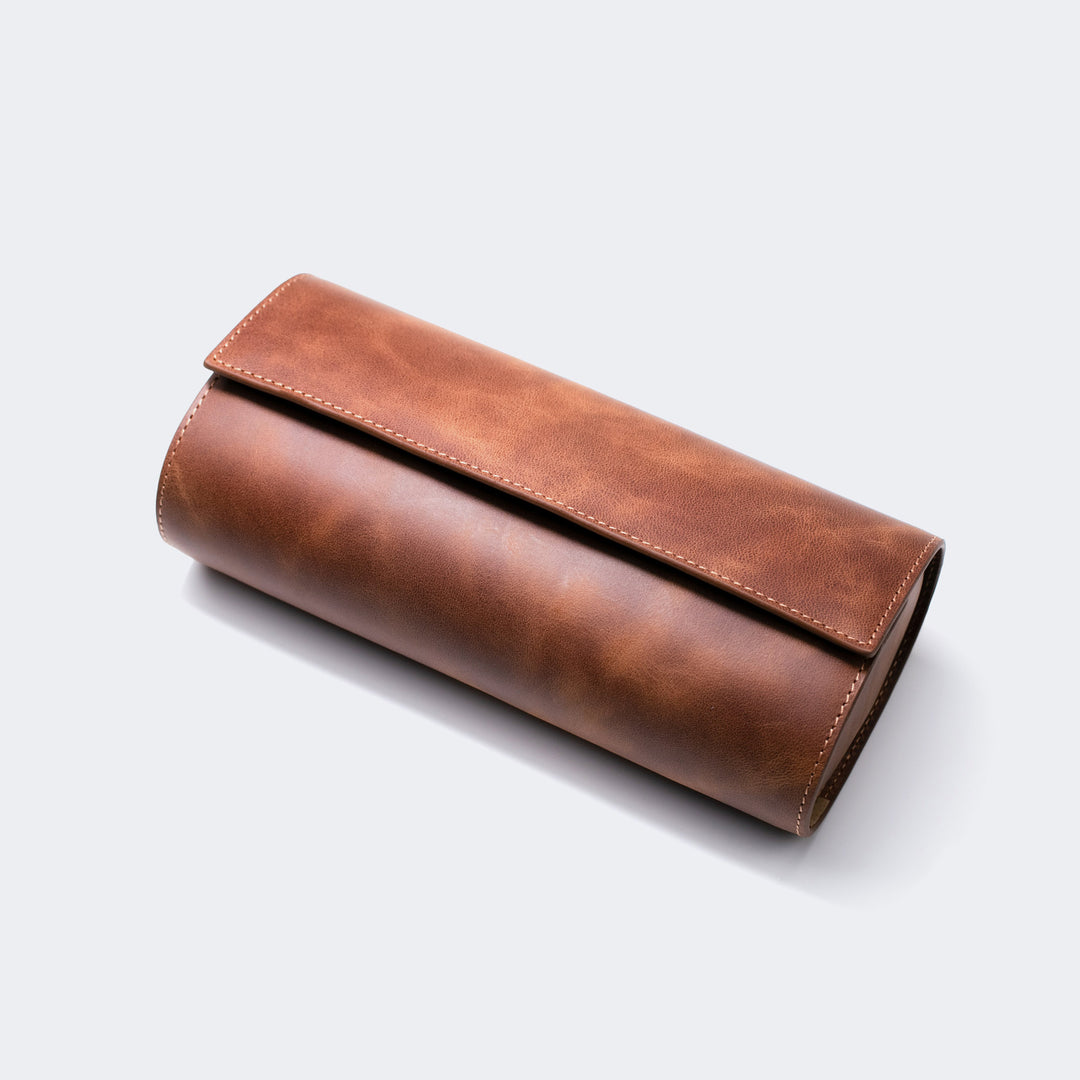 Üçlü Deri Saat Kutusu - Tobacco - Watch Roll - Aksesuar