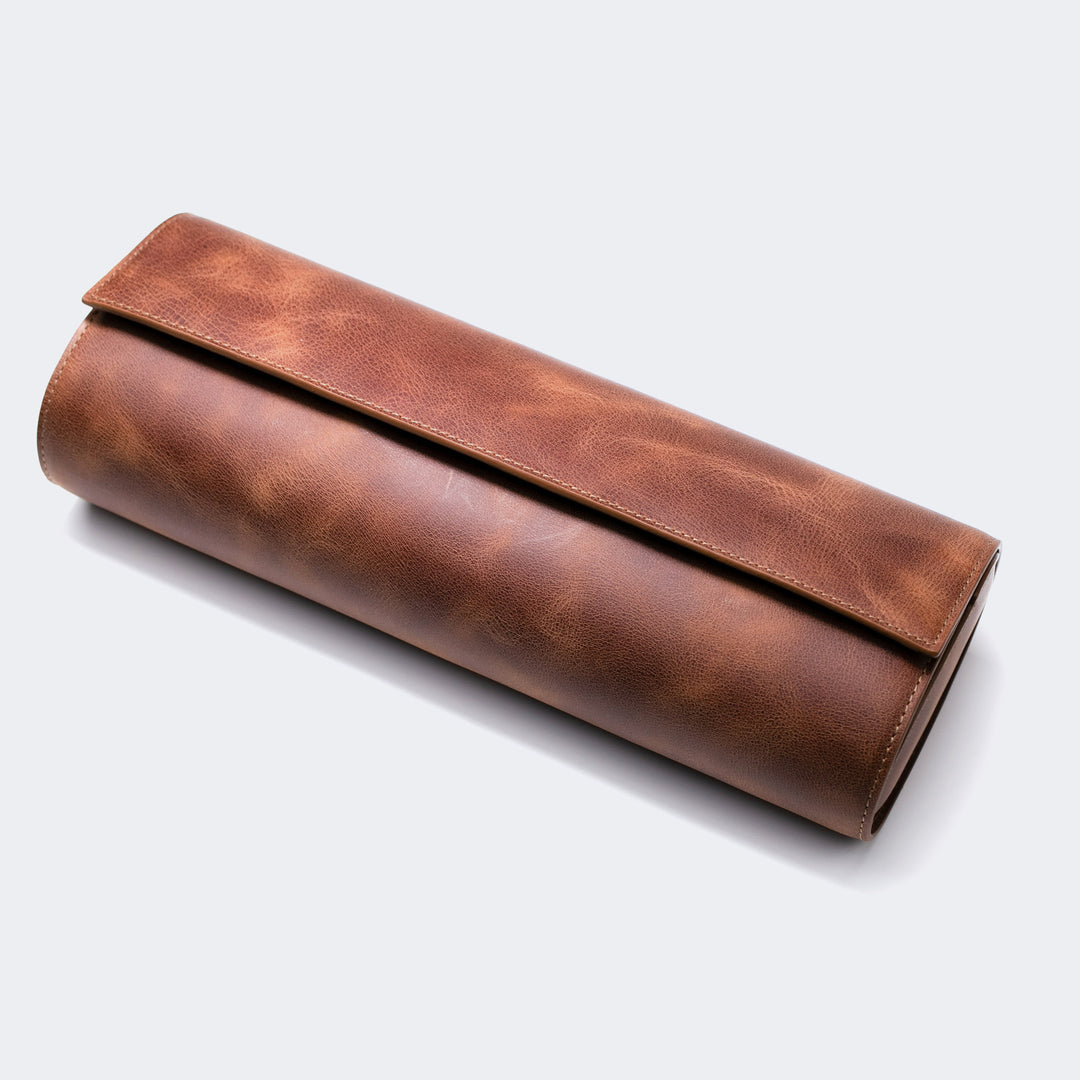 Dörtlü Deri Saat Kutusu - Tobacco - Watch Roll - Aksesuar