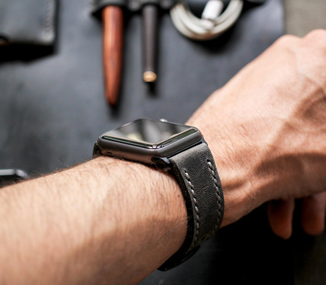 Özel Yapım Apple Watch Deri Saat Kayışı - Antik Gri
