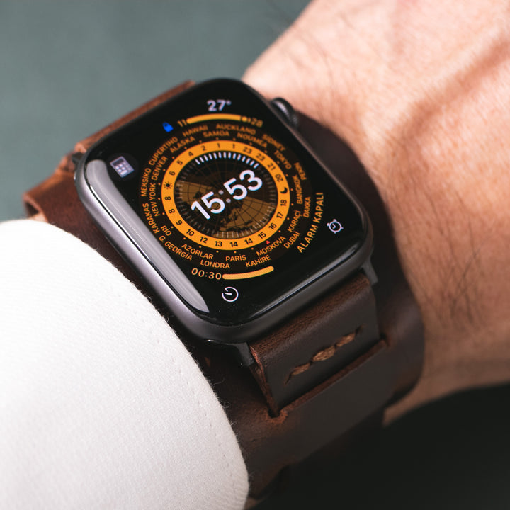 Bund Strap - Çift Kat Deri Apple Watch Kayışı - Antik Kahve - Roarcraft TR