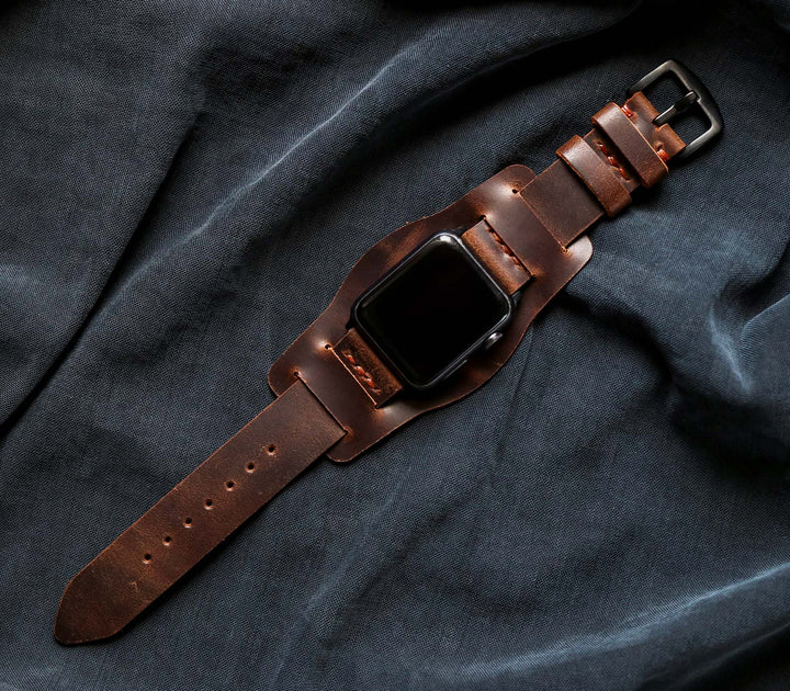 (YENİ) Bund Strap - Apple Watch Deri Saat Kayışı - Antik Kahve