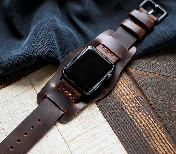(YENİ) Bund Strap - Apple Watch Deri Saat Kayışı - Antik Kahve