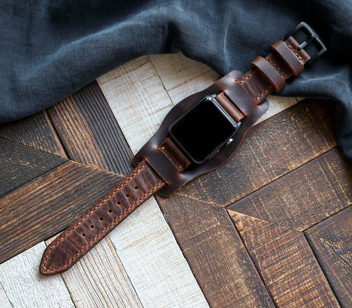 (YENİ) Bund Strap - Özel Yapım Apple Watch Deri Saat Kayışı - Antik Kahve
