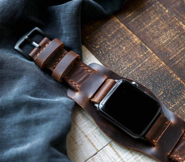 (YENİ) Bund Strap - Özel Yapım Apple Watch Deri Saat Kayışı - Antik Kahve