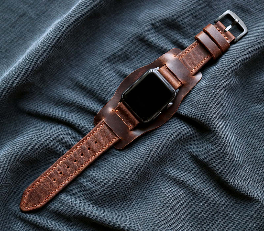 (YENİ) Bund Strap - Özel Yapım Apple Watch Deri Saat Kayışı - Antik Kahve