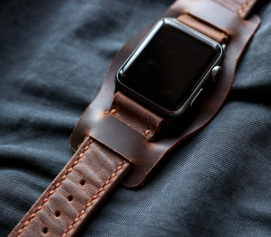 (YENİ) Bund Strap - Özel Yapım Apple Watch Deri Saat Kayışı - Antik Kahve