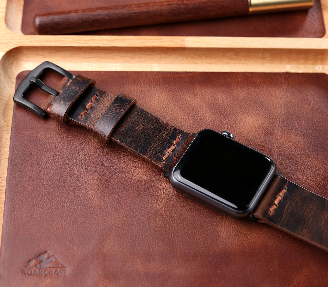 Tek Kat Deri Apple Watch Kordon - Antik Kahve - Roarcraft TR