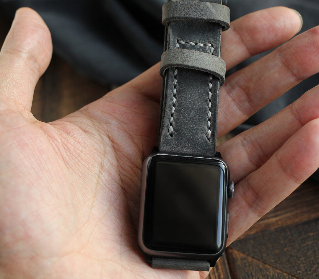 Özel Yapım Apple Watch Deri Saat Kayışı - Antik Gri