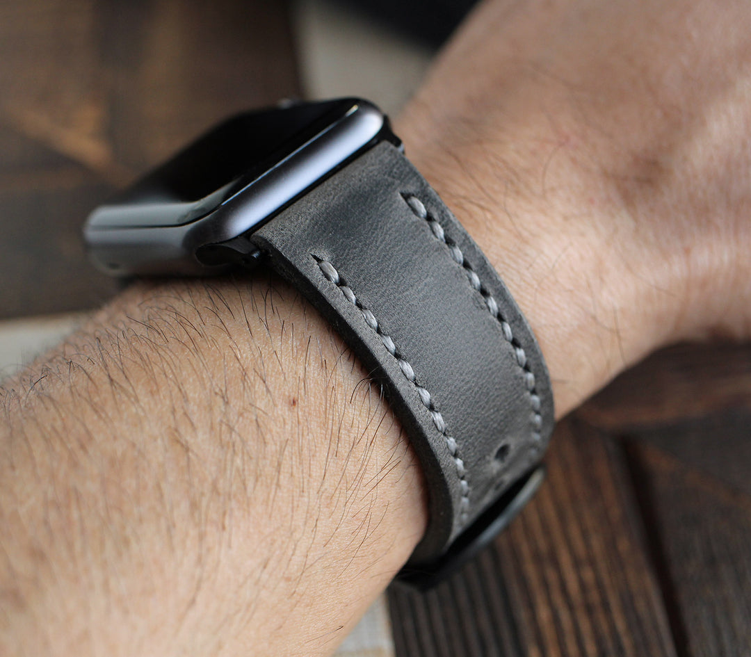 Özel Yapım Apple Watch Deri Saat Kayışı - Antik Gri