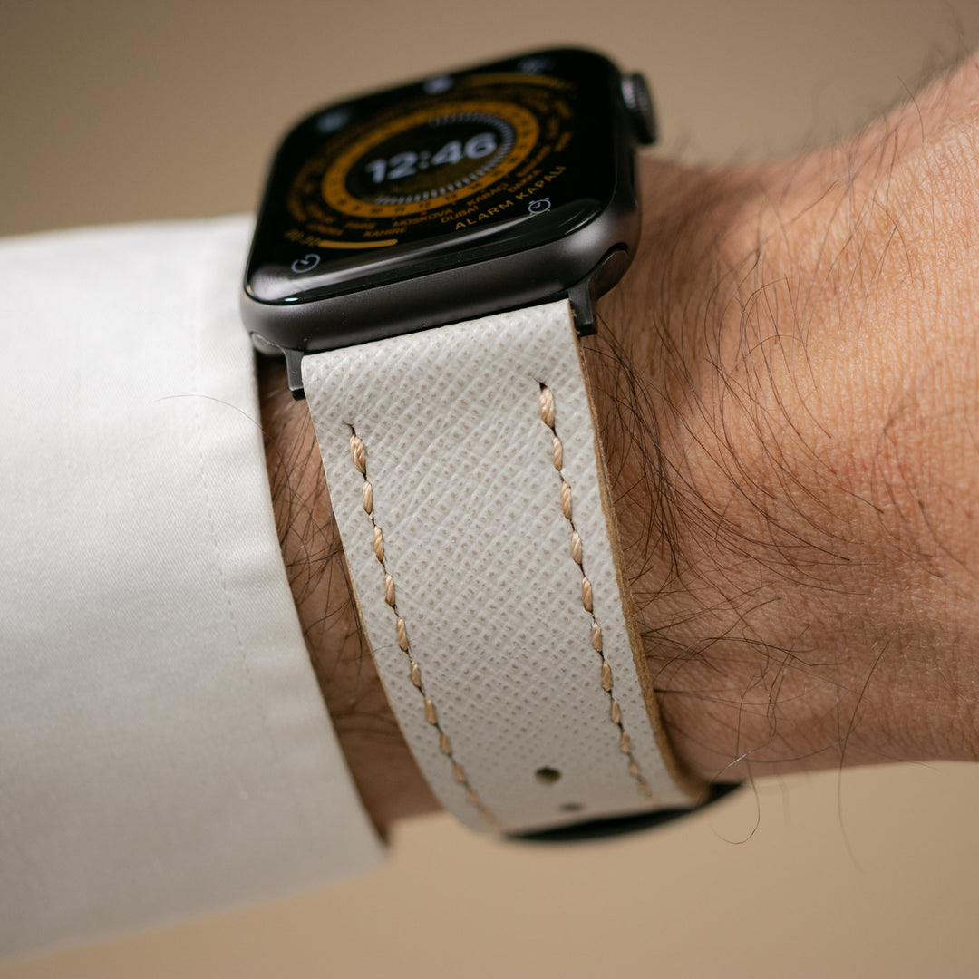 Saffiano Deri Apple Watch Kayış - Kar Beyaz - Roarcraft TR
