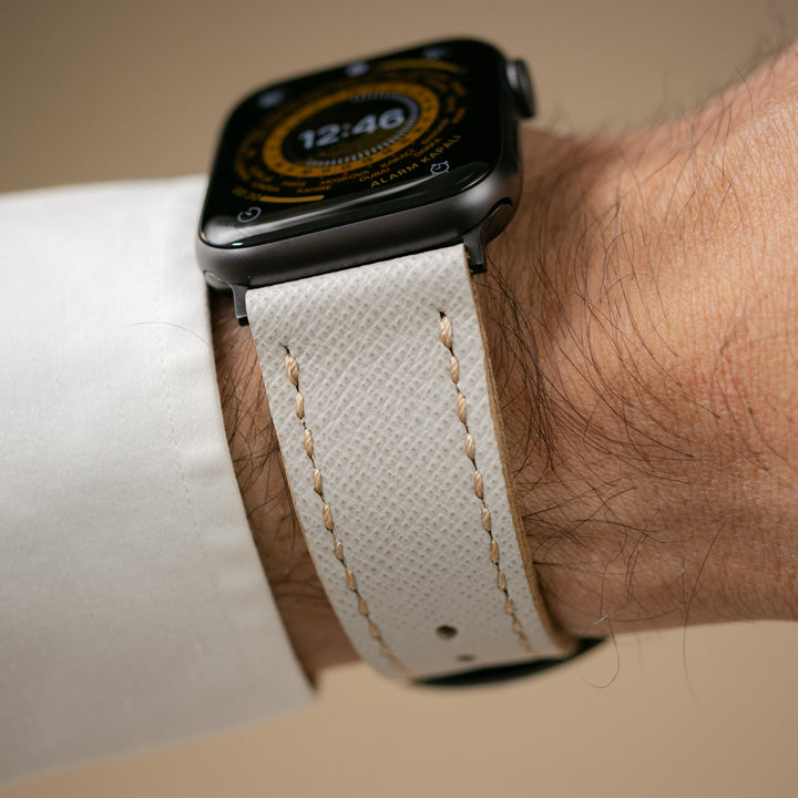 Saffiano Deri Apple Watch Kayış - Kar Beyaz - Roarcraft TR
