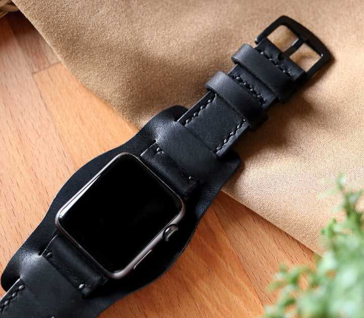 Bund Strap - Çift Kat Deri Apple Watch Kayışı - Siyah - Roarcraft TR